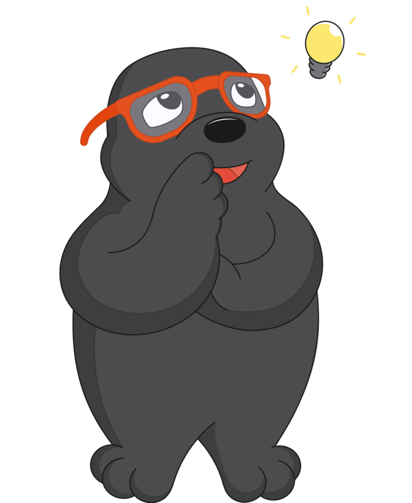 Ein cartoonartiger Maulwurf mit Brille, der nachdenklich mit einem Finger am Kinn steht und eine Glühbirne über seinem Kopf hat.